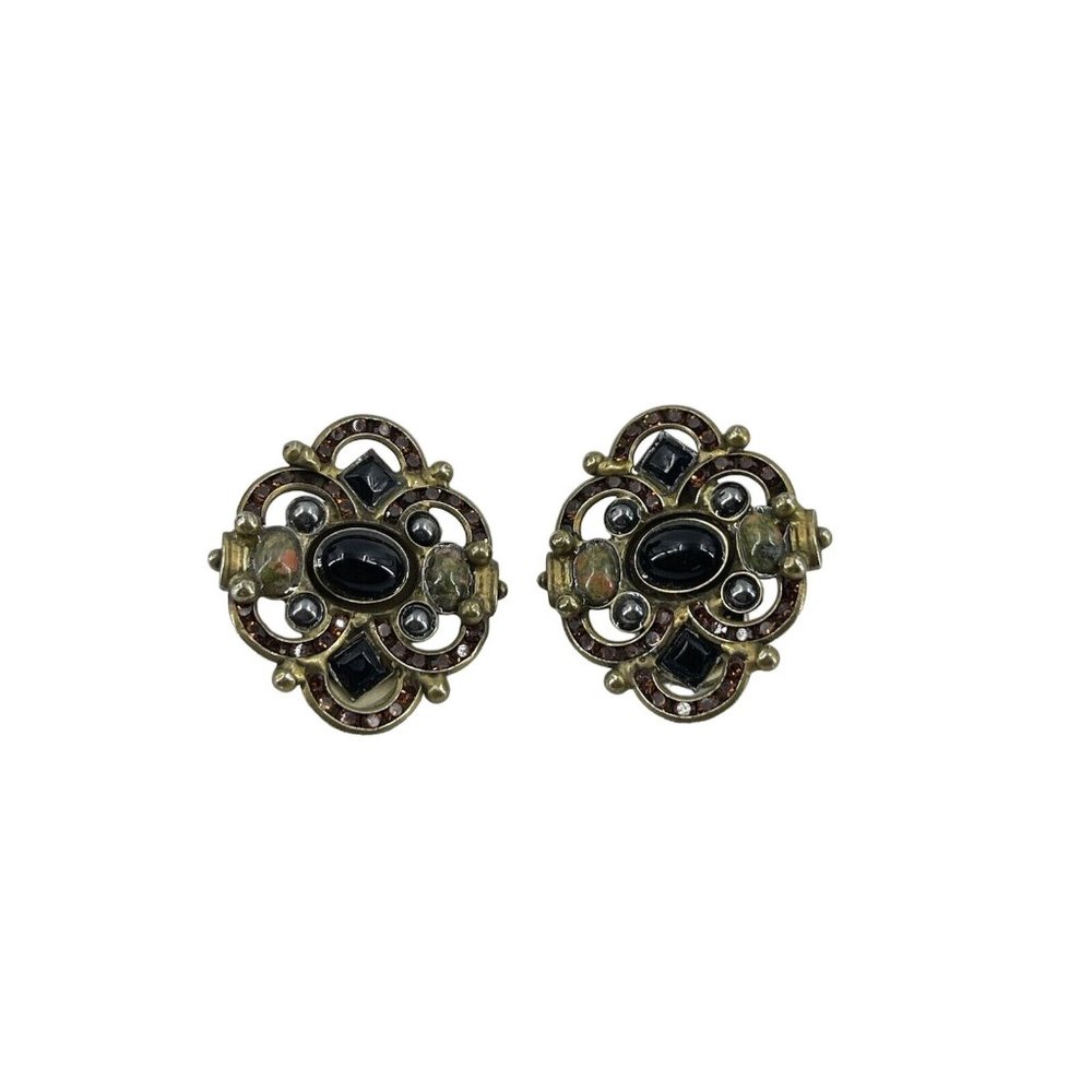 Vintage Signed Sorrelli Unakite Amber Rhinestone Gold Tone Clip On Earrings - Picture 2 of 7